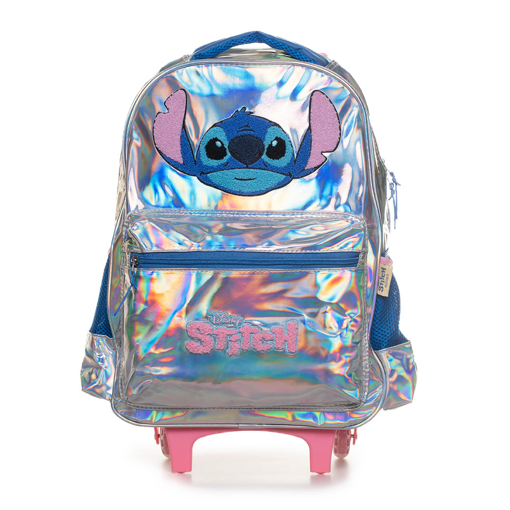 Mochila infantil Luxcel Stitch prata com rodinhas e acabamento holográfico vista frontal